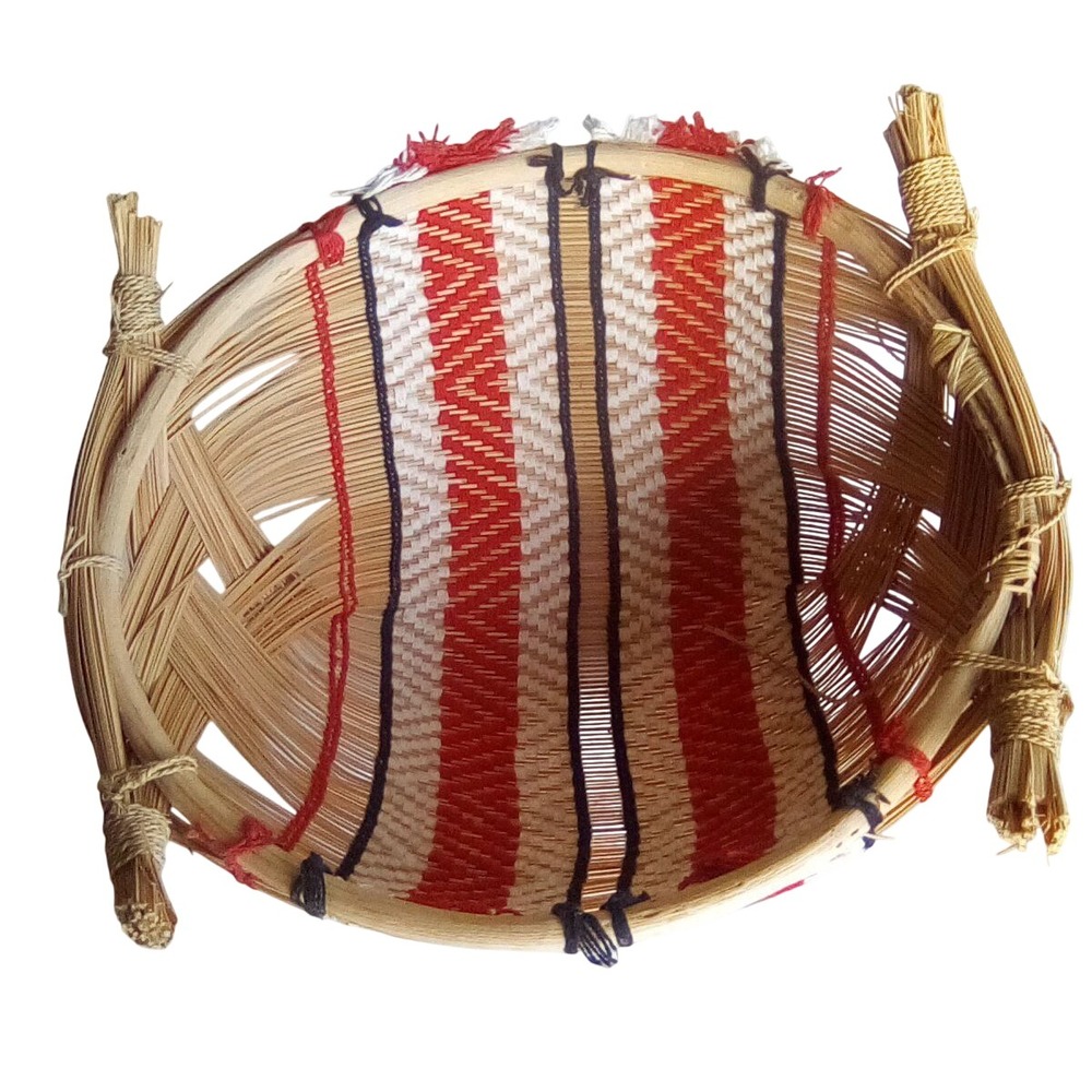Handmade Woven Basket Oval Geometric Red White Black Tribal Boho Decor Handle